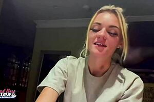 Blonde MILF rubs cock, fingers her shaved pussy