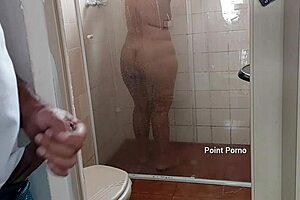 My stepmom takes shower with door open for me to watch
