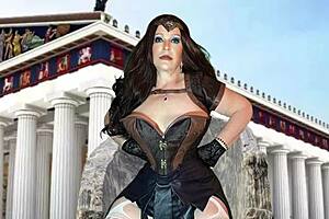 Hot granny, wonder woman, suckles and rides mighty cock