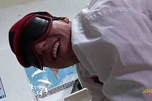 a blindfolded student gets blowjob from brunette milf teacher with big tits, then doggy style with monster cock