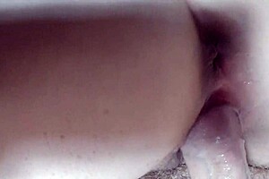 Cum inside her pussy flows out as she bends over in doggystyle!