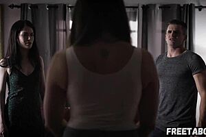 Stepsiblings caught in provocative pose, intimate moment unfolds
