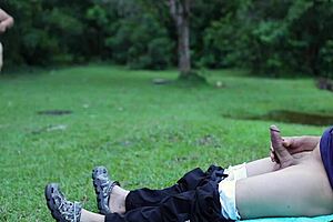 curvy milf gets jerked off by a voyeur in a public park