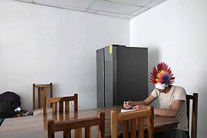 latina milf maid gropes her natural tits and flirts with dildo while feeding blind man 😏