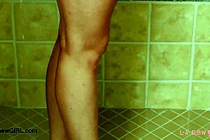 Teen blonde model steps into the shower for a casting session 😊