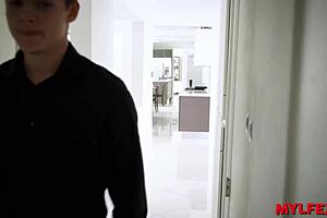 Hot wife milf interacts with young colleagues in garage