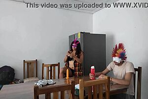 latina milf maid gropes her natural tits and flirts with dildo while feeding blind man 😏