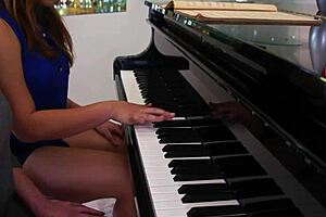 Mature lesbian cougar piano teacher performs muff diving on hairy pussy