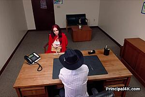 milf cougar in costume rides big cock bent over in principal's office.