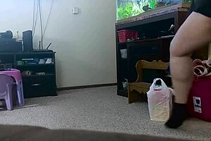 chubby mom cleans the house slowly