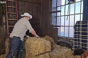 Farmer's daughter receives handjob and muff diving from cowboys, leading to doggystyle fucking and creampie orgasms.