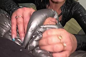 A lot of cum on my shiny down-jacket from the gardener 270- preview