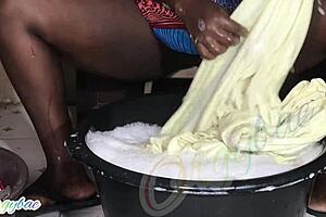 Housewife Does Weekend Laundry in Shaved Pussy