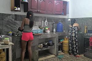 Horny housewives touch big tits and ass while preparing lunch 😏