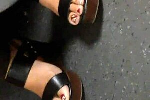 Mature Feet In Candid Wedges And Sandals.