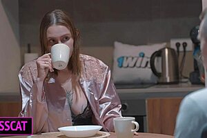 step son touches step mom's fake tits in shared bed, then she rides him cowgirl the next day