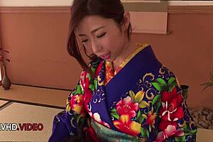Ayumi Shinoda, a seductive Japanese MILF in kimono, pleasures with fingering, blowjob, and masturbation.