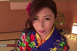 Ayumi Shinoda, a seductive Japanese MILF in kimono, pleasures with fingering, blowjob, and masturbation.