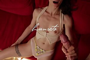 She gives intense handjob to monster cock.