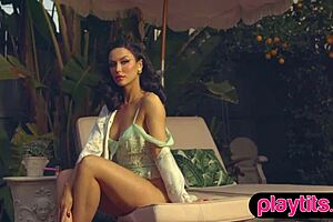 Big ass petite 18+ gorgeous milf reveals juicy round tits by the pool