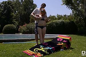 Busty Lola Fauve seduces pool boy, swallows huge cock