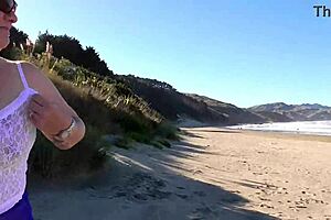 Kiwi Trashy Milf Walks in See-Through Clothes at Beach Before Creampie