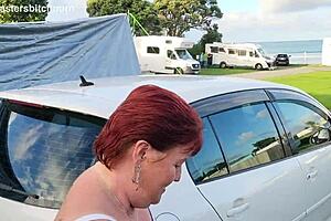 filthy kiwi mature milf pisses at campground... campers around