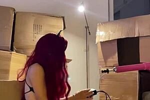 red haired teen beauty dances sexy striptease before using dildo machine