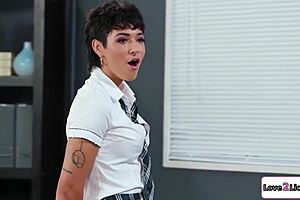 dominant student spanks two busty teachers in femdom session.