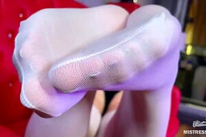 goddess big booty and foot tease in white stockings on the red couch