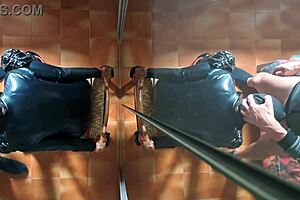 Blindfolded Latina MILF gives blowjob with gagging and cum in mouth