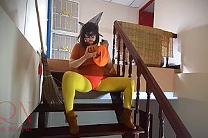 Regina Noir as Velma Dinkley witch in old house stairway