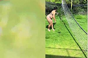 horny milf gives deepthroat blowjob to big black cock outdoors. latina young 18+ bends over for rough spooning pussy action.