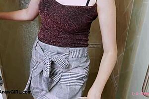 sweet teen brunette takes intense shower after photoshoot