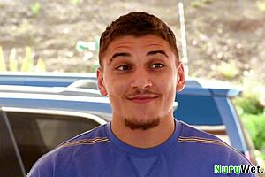 gorgeous busty blonde masseuse alexis malone pours nuru gel on her big boobs to seduce victor ray