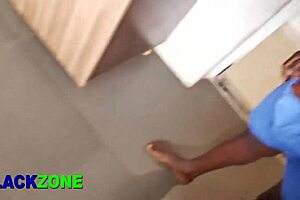 Ebony stepmom gets hot in the kitchen with young guy.