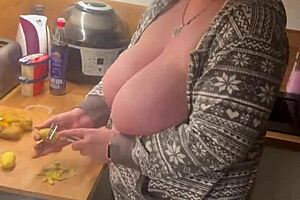 two big boobs in the kitchen, european milf and chubby amateur handjob fun
