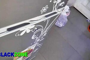 Ebony stepmom gets hot in the kitchen with young guy.