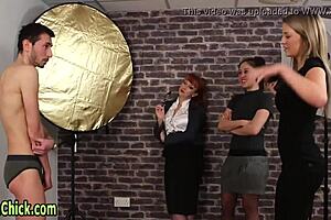 Seasoned European domina mocks him backstage with a handjob in femdom humiliation 😏