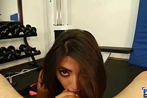 gorgeous frida sante sucks miles long's thick cock in gym