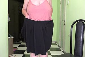 mature milf jumps rope in stockings, shaking her big boobs