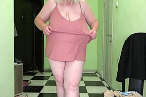 mature milf jumps rope in stockings, shaking her big boobs