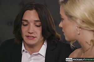 Stepfather and stepmother interact with stepsons girlfriend in family setting