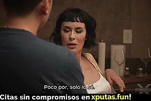 The brunette passionately fucks the spanish sub in stockings.