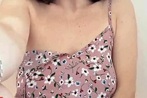 in this teacher student facetime fantasy, a young brunette gives jerk off instructions from pov, showing her natural tits and hairless pussy lips in taboo scene.