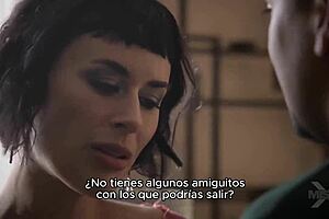 The brunette passionately fucks the spanish sub in stockings.