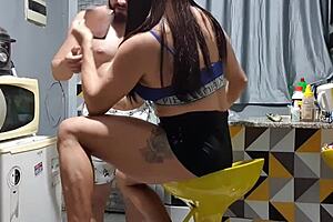 neighbor catches milf with big pussy in kitchen blowjob on monster cock