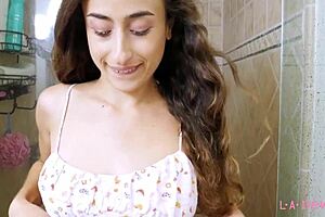 attractive brunette teen takes a shower after photoshoot