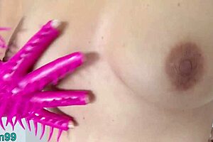 perverse mature stretches pussy with gloves and brushes