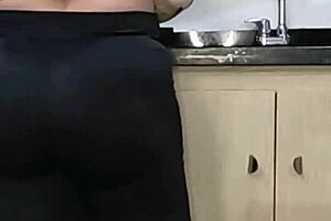 Mother-In-Law Cooks In Thong Showing Big Ass And Wet Pussy Lips Making Me Hungry